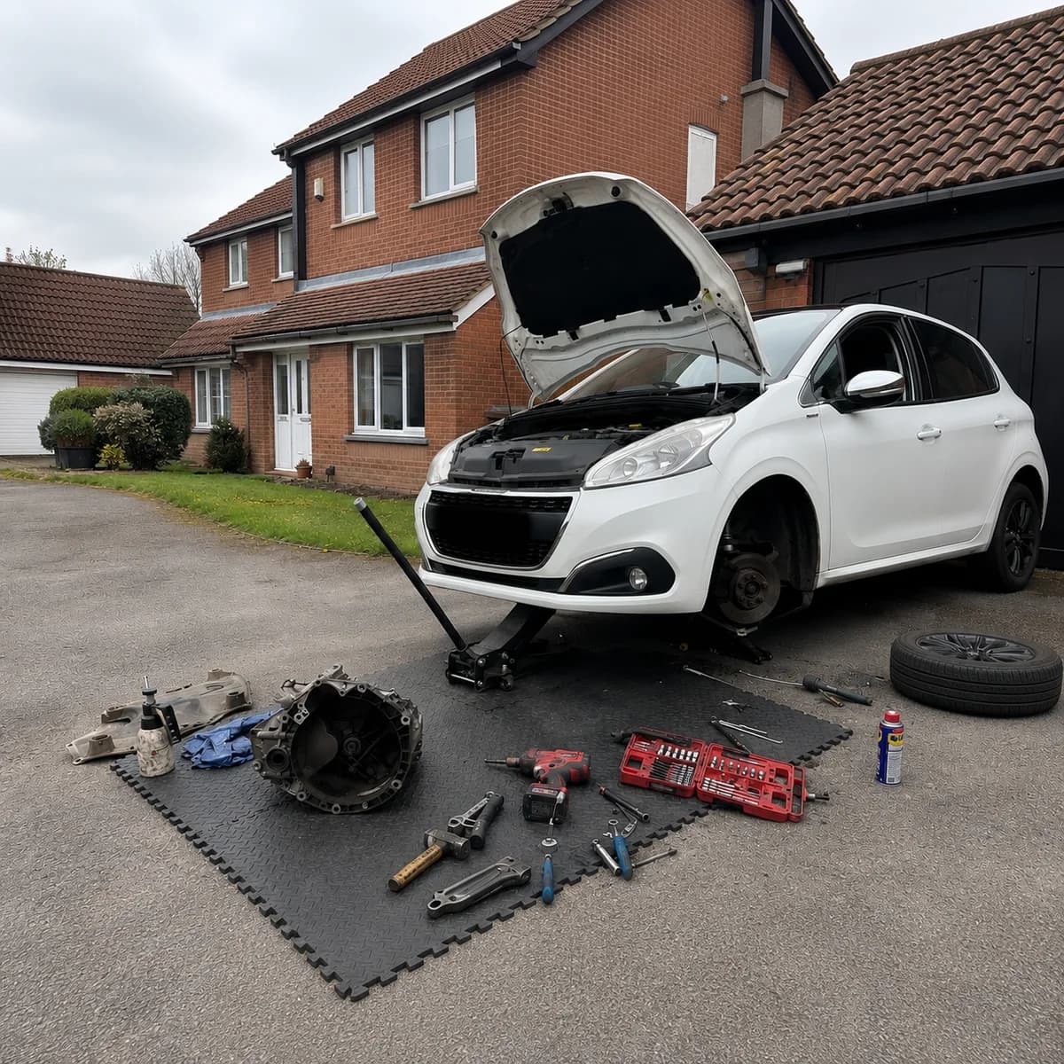 Clutch replacement on a driveway in Essex with the gearbox removed and tools laid out